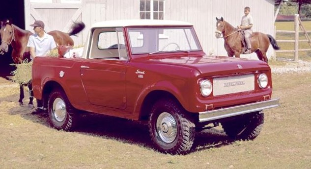 vintage photo of a red 1964 International Harvester Scout