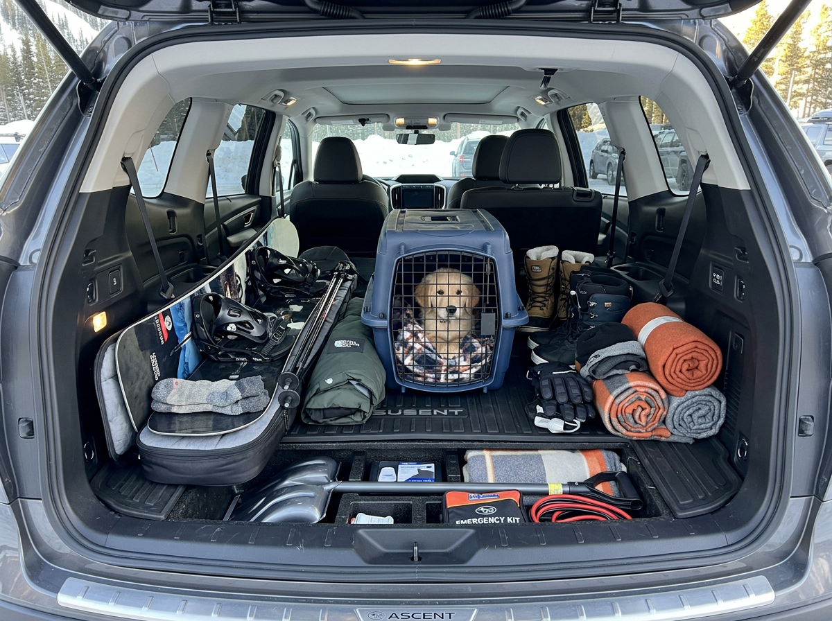 Dog resting in the cargo area of an SUV with winter gear