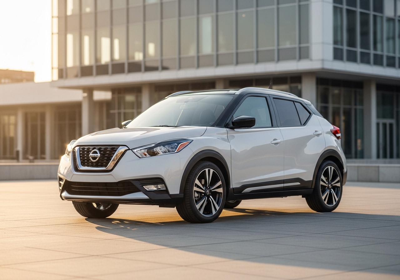 2027 Nissan Kicks parked in front of a modern building, showcasing its new design