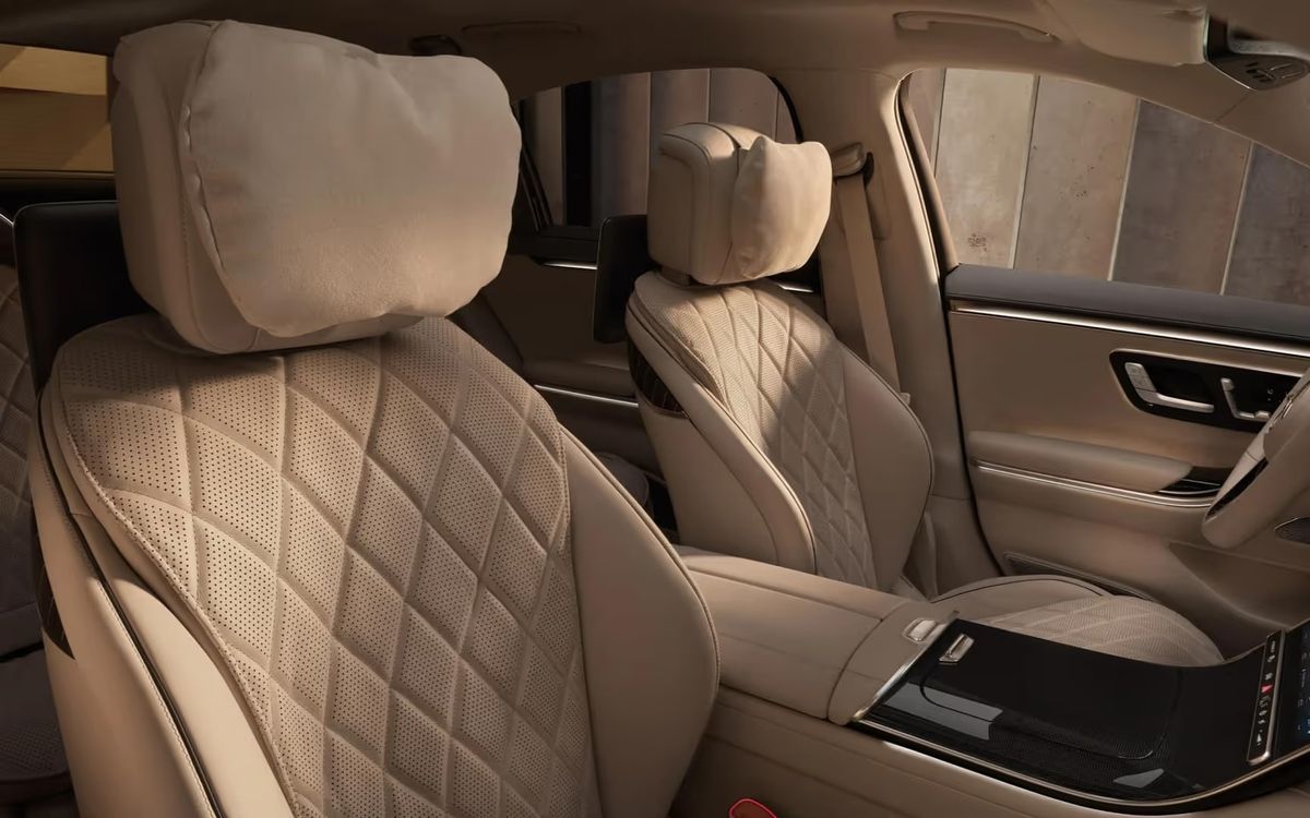 2026 Mercedes-Benz S 580e rear cabin with diamond-quilted leather seats
