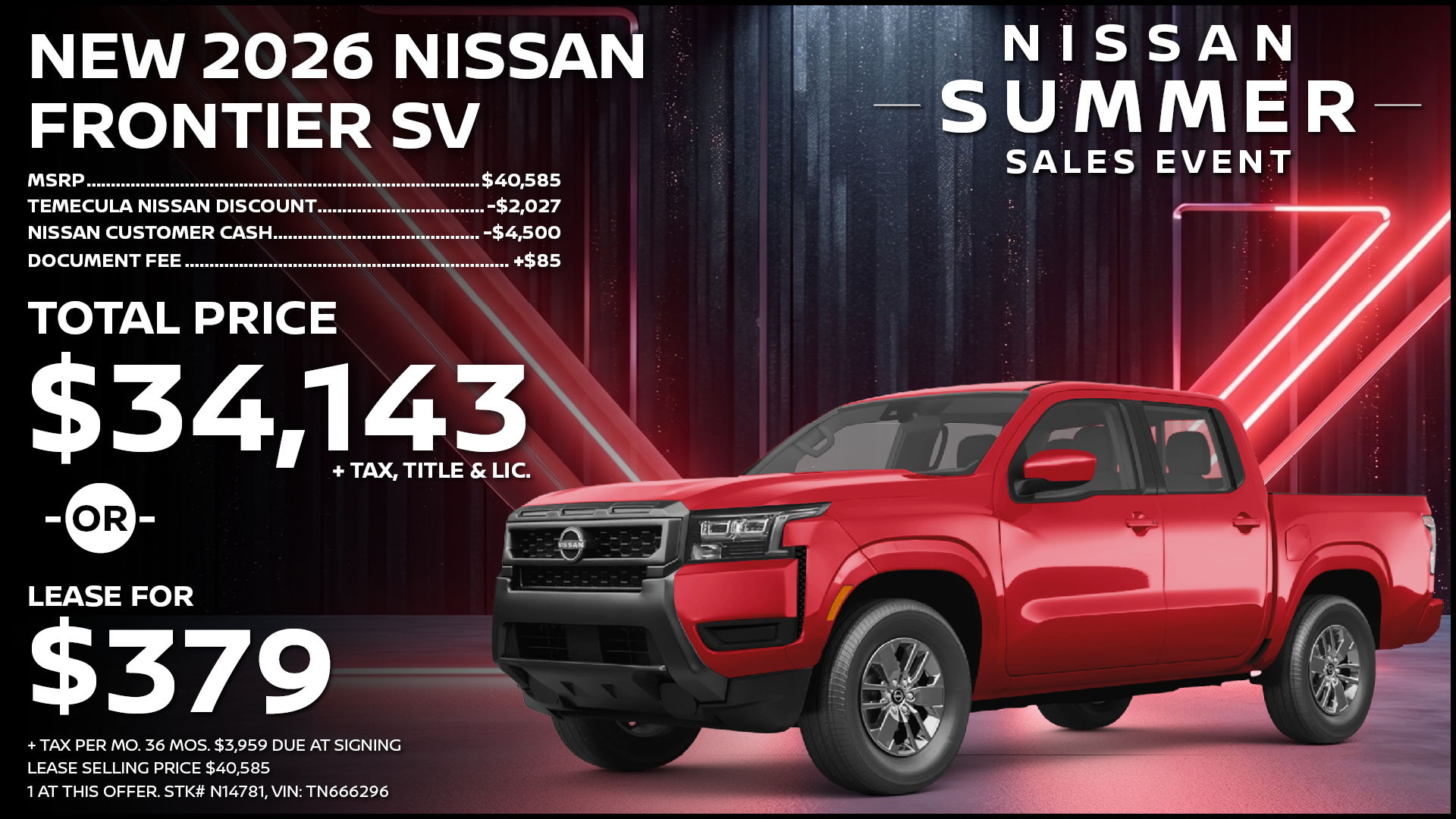 2026 Nissan Frontier SV Dark Armor Lease Special