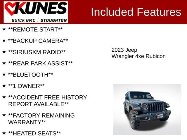 Used 2023 Jeep Wrangler 4xe Rubicon 4XE with VIN 1C4JJXR6XPW703260 for sale in Stoughton, WI