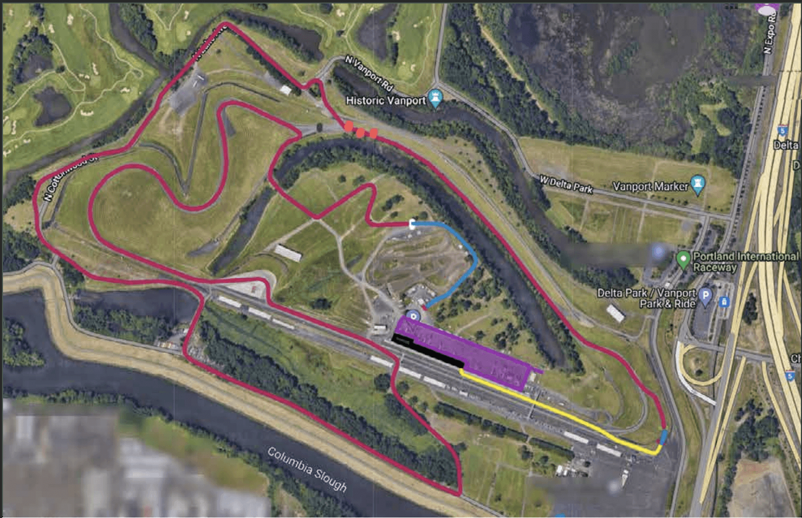Aerial map of the Oregon Trail Rally course at Portland International Raceway