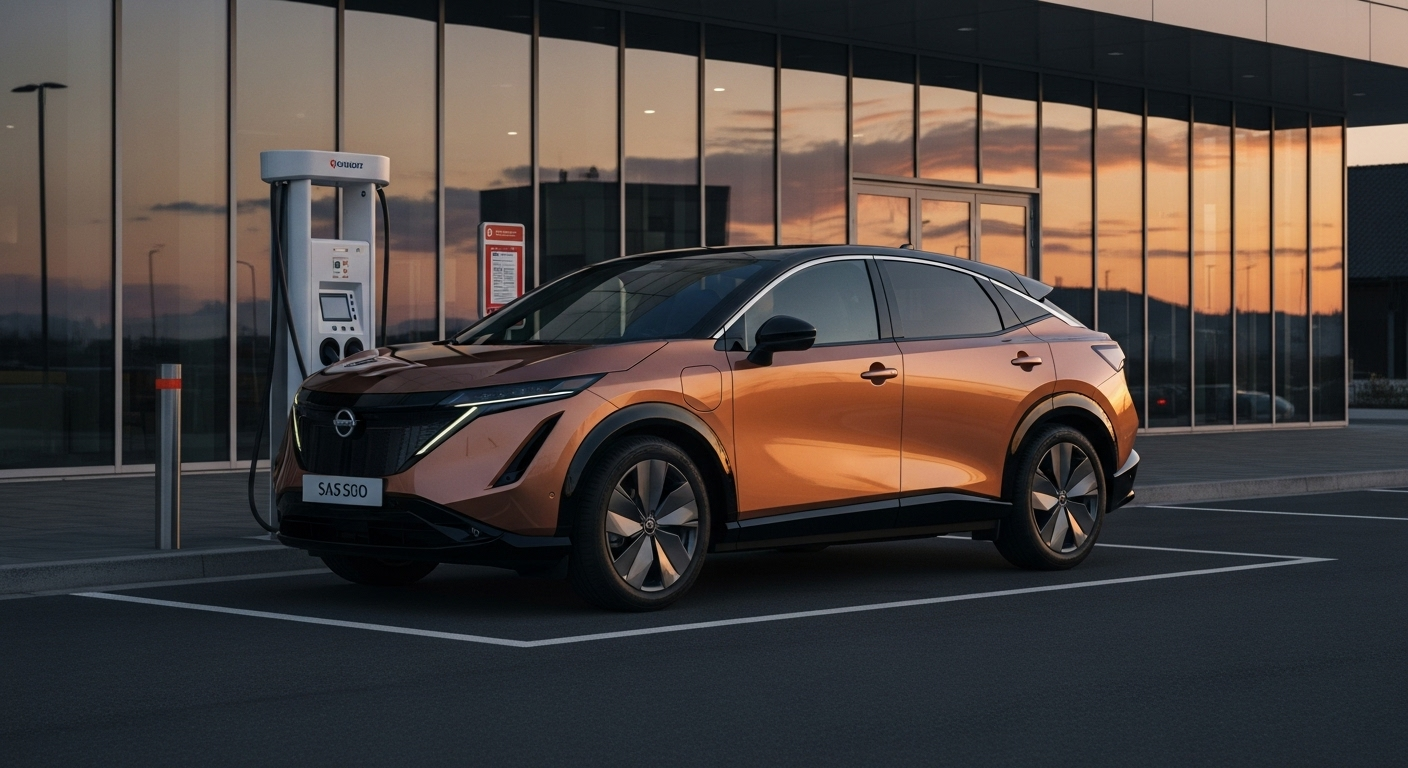 Front three-quarter view of a copper Nissan Ariya electric SUV parked at a modern DC fast-charging station outside a glass building at sunset, highlighting its aerodynamic crossover shape, LED lighting, and zero-emission capability.