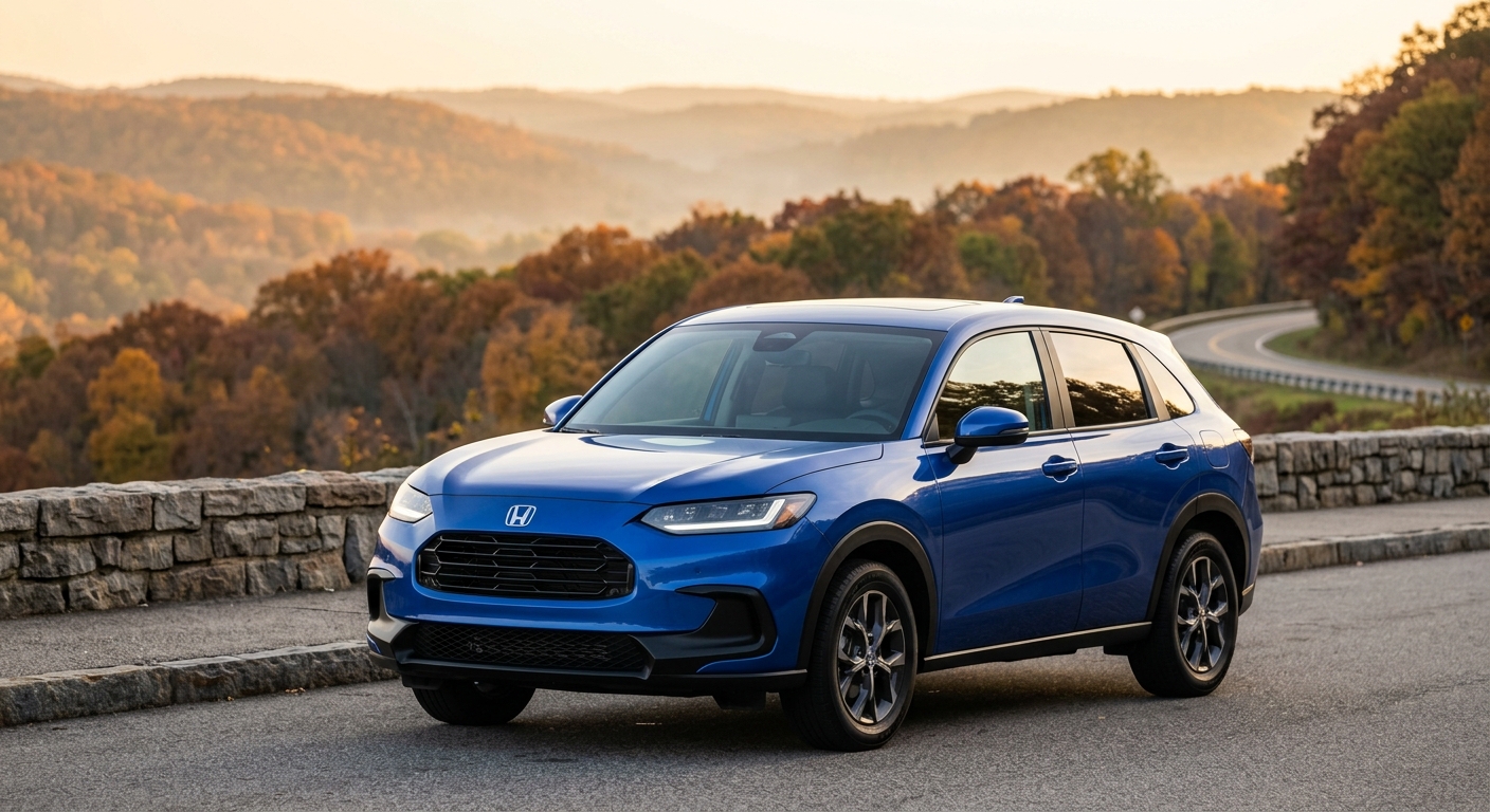 2026 Honda HR-V parked on a scenic overlook road with autumn hills in the background