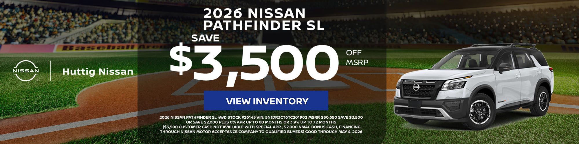 2026 Nissan Pathfinder SL 4WD Save $3,500 or Save $2,000 PLUS 0% apr up to 60 months or 3.9% up to 72 months 