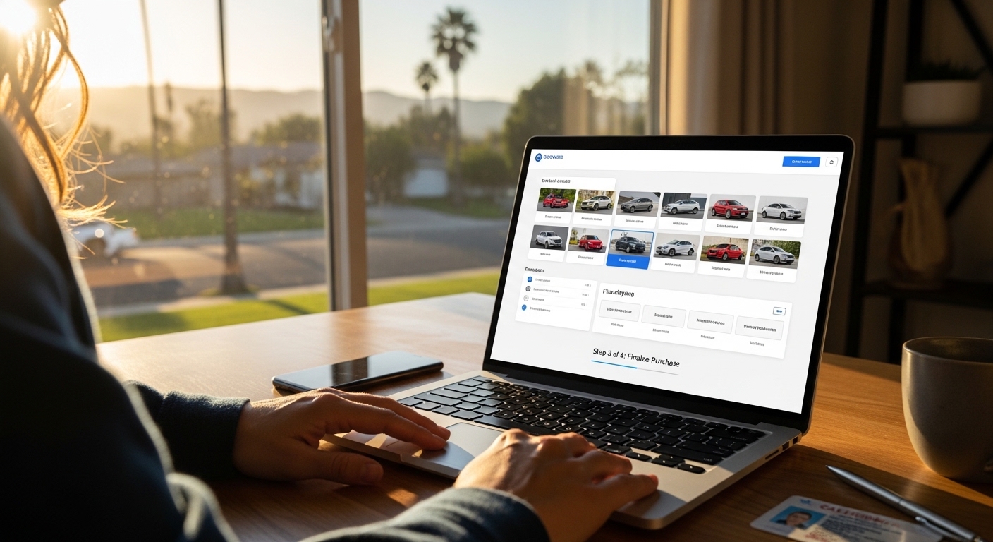 Customer completing an online car purchase on a laptop at home