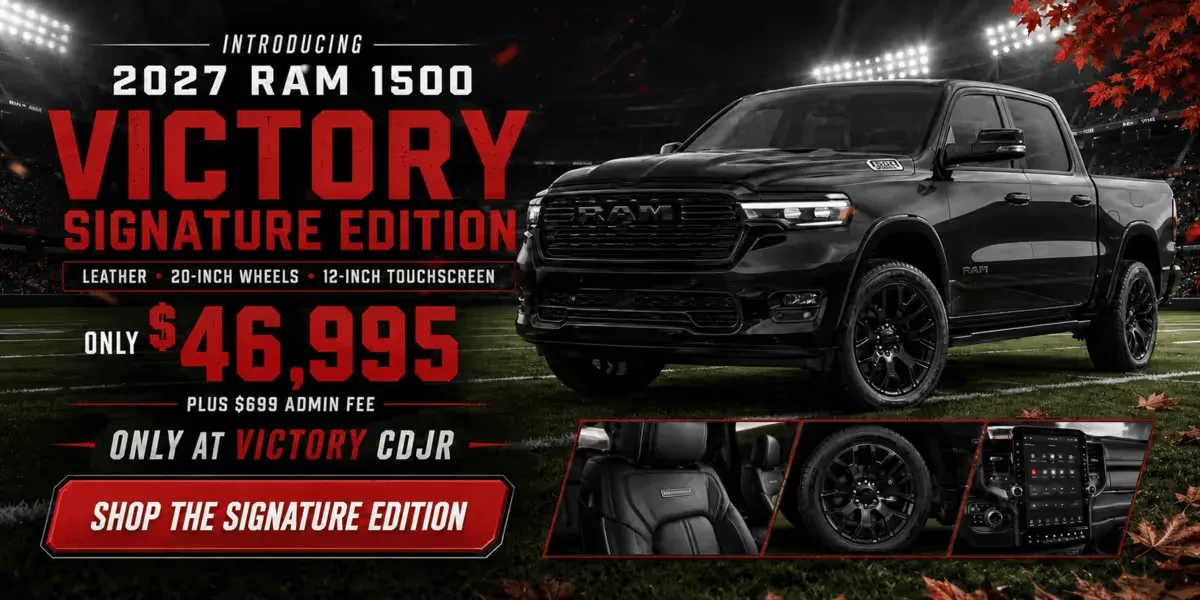 Promotional banner for the 2027 Ram 1500 Victory Signature Edition: a black crew-cab pickup on a stadium football field, priced at $46,995 plus a $699 admin fee, featuring leather seating, 20-inch wheels, and a 12-inch touchscreen, available only at Victory CDJR; inset close-ups show the leather seat, a wheel, and the touchscreen