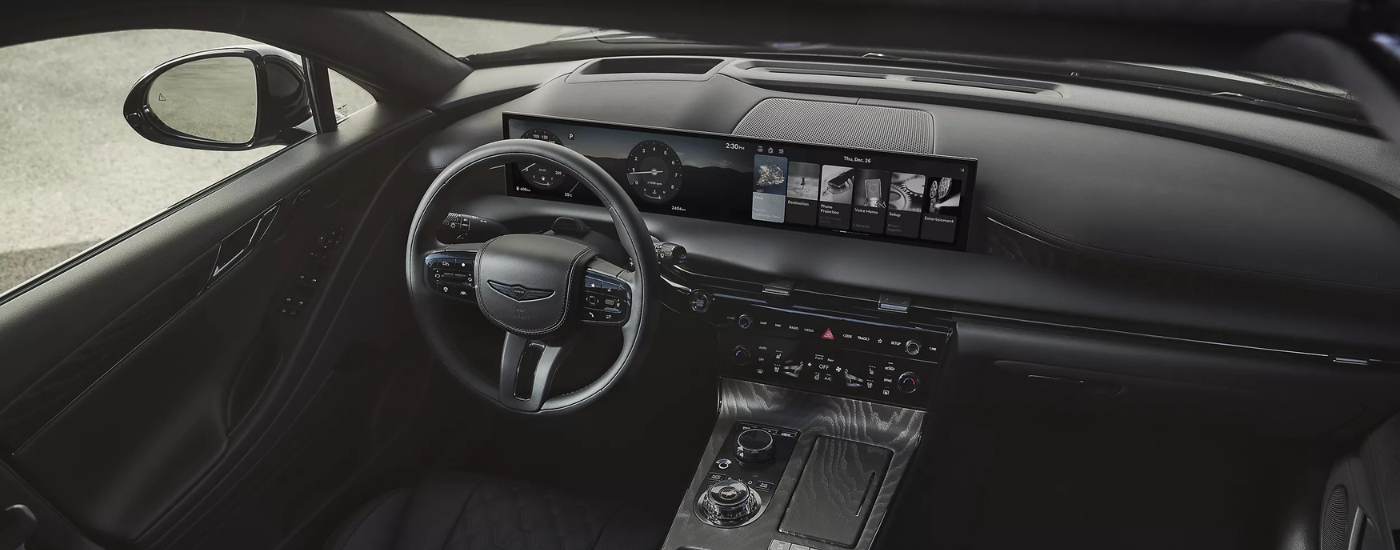 Black leather interior of a 2026 Genesis G80