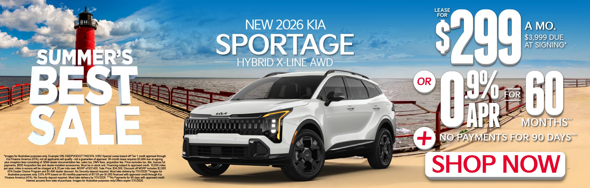 NEW 2026 Kia Sportage Hybrid X-line AWD	"LEASE FOR $299/MONTHS with $3,999 due at signing* OR 0.9% APR for 60 months** PLUS, NO PAYMENTS FOR 90 DAYS***"