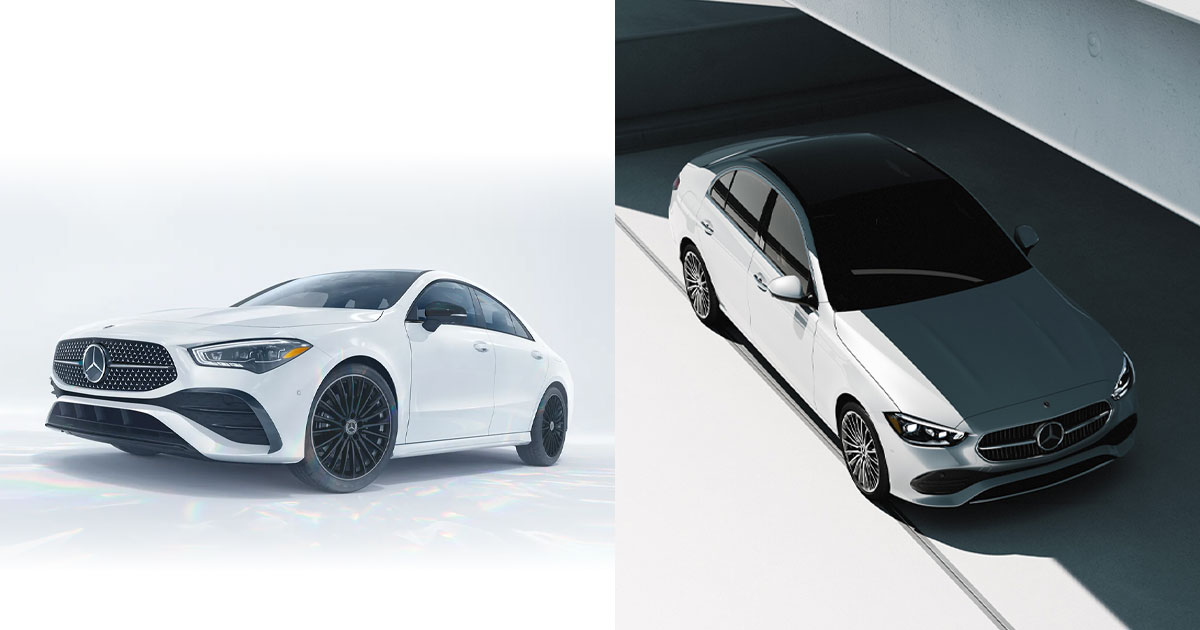 A white Mercedes-Benz CLA Coupe and a white Mercedes-Benz C-Class