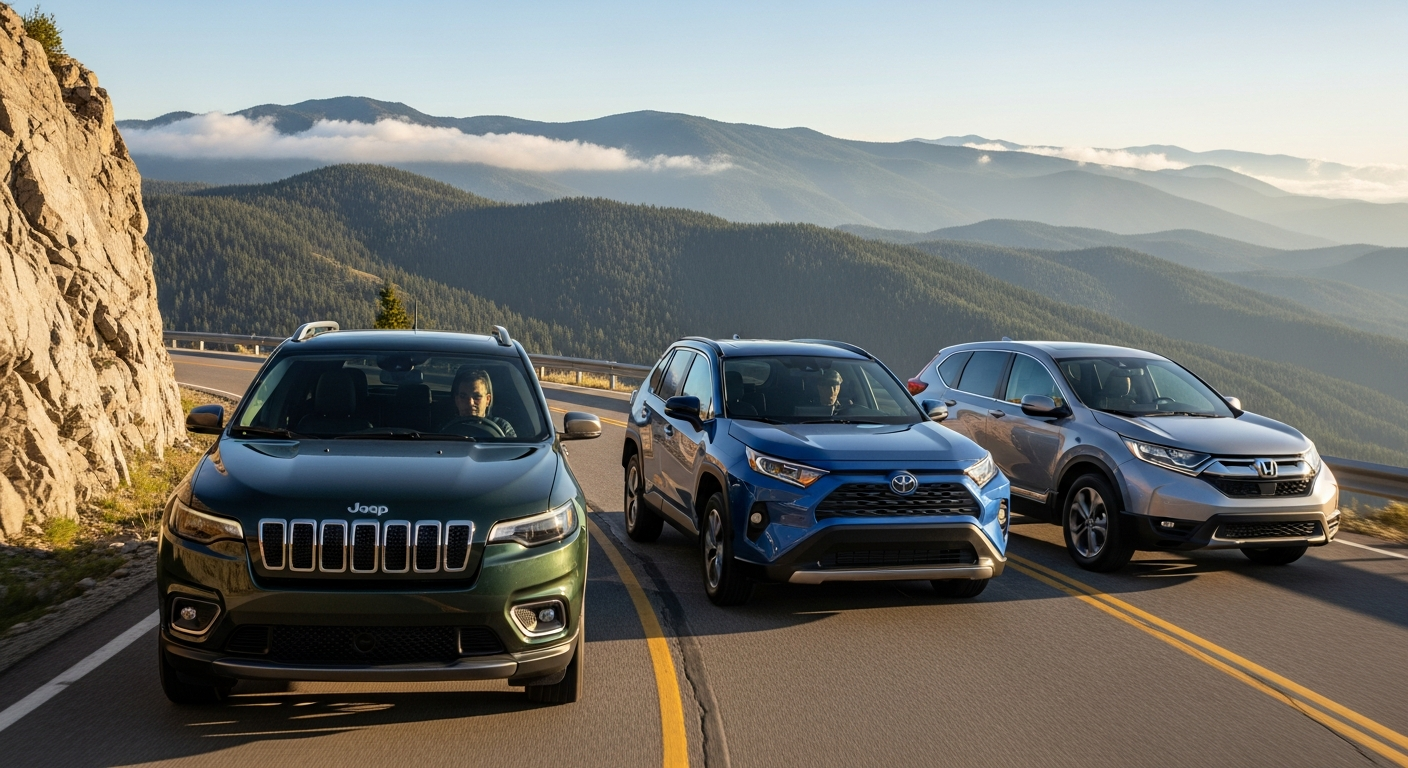 Compact SUVs on a mountain road at sunset