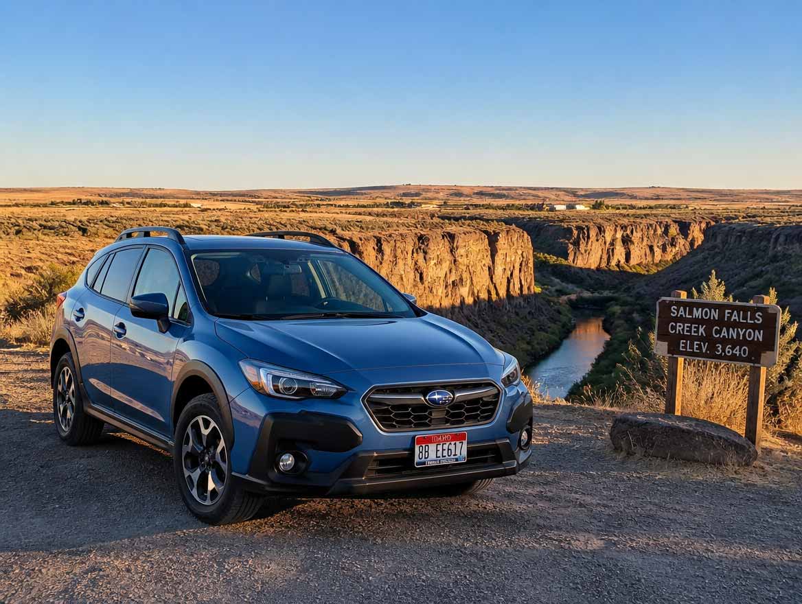 2026 Subaru Crosstrek parked at Balanced Rock canyon overlook near Castleford, Idaho