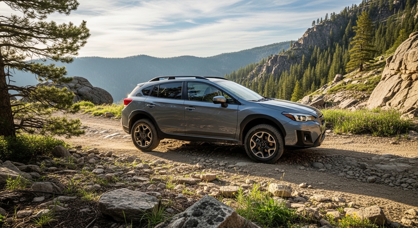 Subaru Crosstrek parked at a trailhead with gear