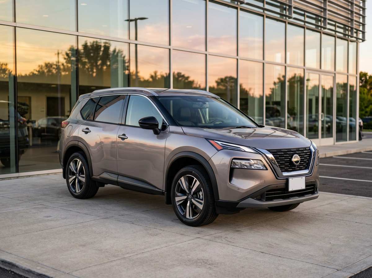 A new Nissan Rogue parked in front of a modern dealership, showcasing its sleek design and appeal.