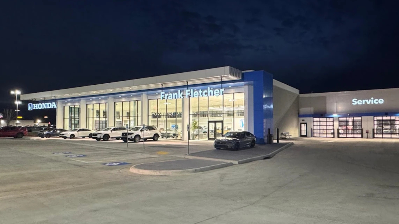 Frank Fletcher Honda dealership in Bentonville at night