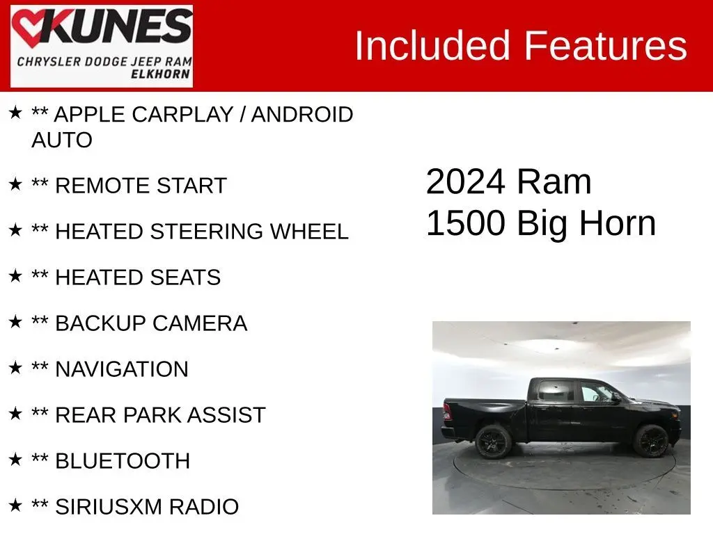 Used 2024 RAM Ram 1500 Pickup Big Horn/Lone Star with VIN 1C6RRFFG3RN104008 for sale in Elkhorn, WI