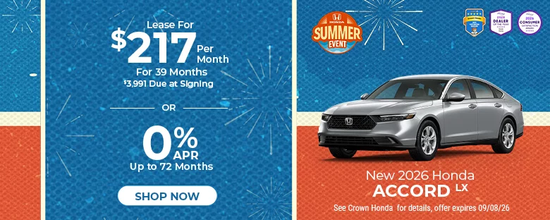 New 2026 Honda Accord LX Sedan Lease For $217 Per Month For 39 Months $3,991 Due At Signing Or 0% APR For Up To 72 Months