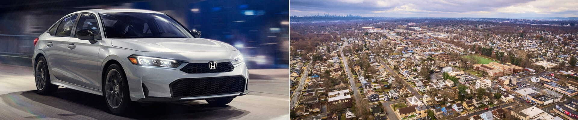 Silver Honda Civic driving alongside an aerial view of a suburban community.