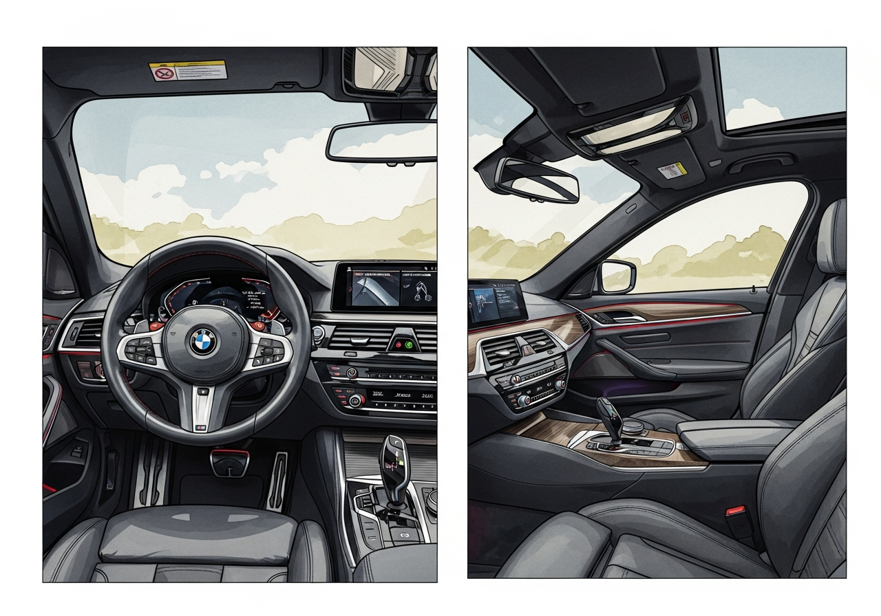 BMW 3 Series and 5 Series sedans parked side-by-side at sunset.