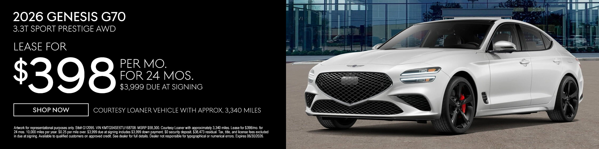 Lease the 2026 Genesis G70 2.5T Sport Prestige AWD for $398/mo.