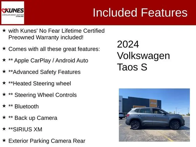 Used 2024 Volkswagen Taos S with VIN 3VV5X7B27RM033243 for sale in Sterling, IL