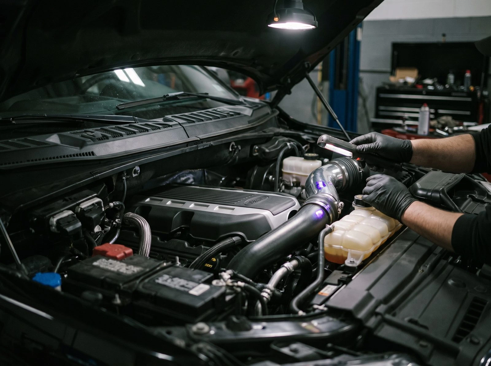Tom's Ford technician inspecting a Ford truck engine bay under work light in the Keyport NJ service department