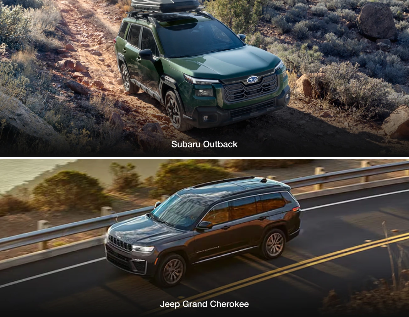 Top image: Green Subaru Outback driving on a rocky dirt path surrounded by desert brush. Bottom image: Black Jeep Grand Cherokee on a paved road near coastal scenery.