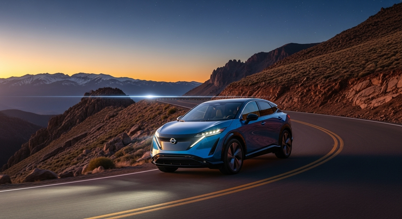 Action shot of a Nissan ARIYA electric SUV carving through a scenic Colorado mountain pass, underscoring its efficient battery performance and sporty handling.