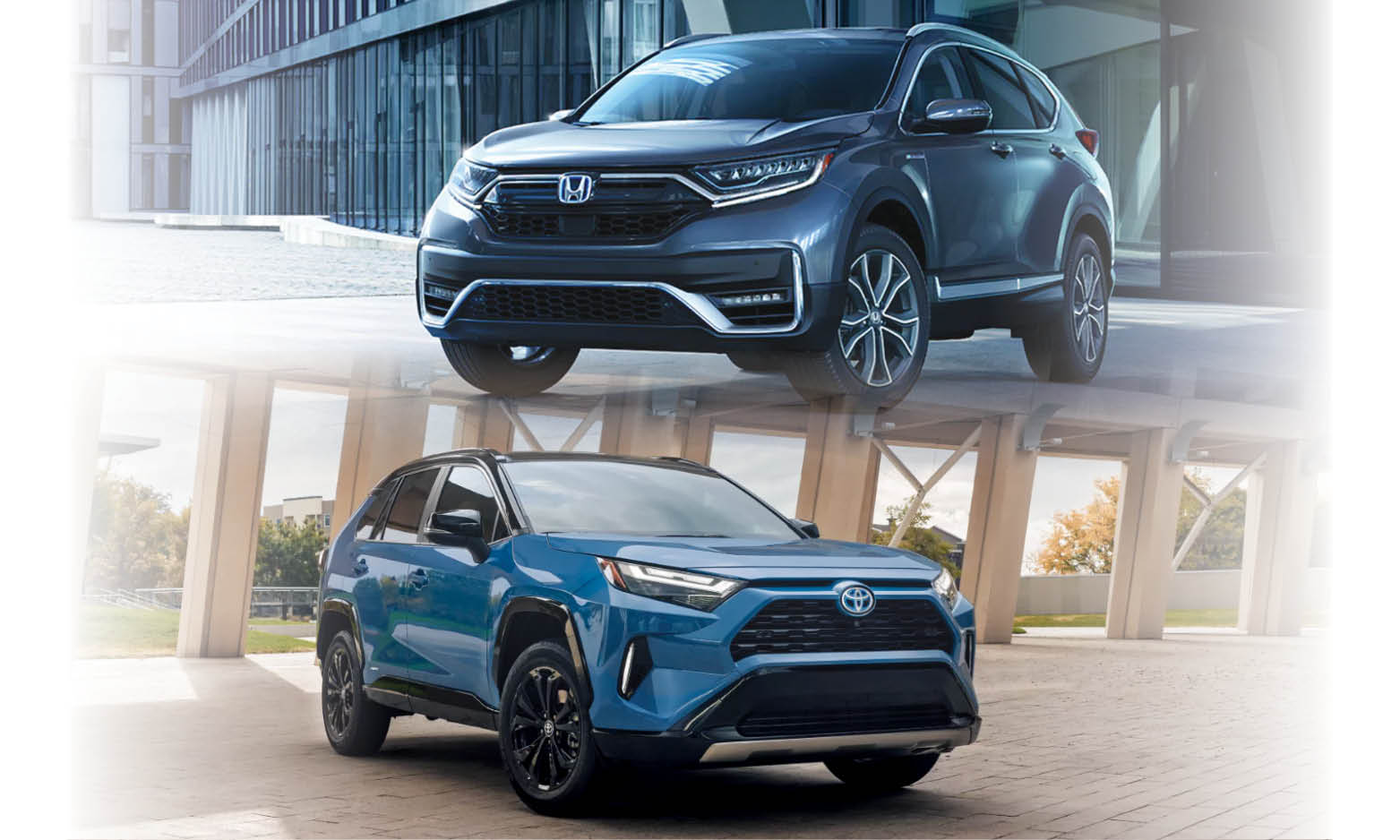 split image described from top to bottom: gray Honda CR-V Hybrid; Blue Toyota Rav4 Hybrid