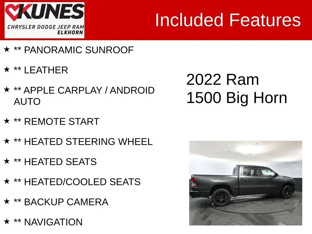 Used 2022 RAM Ram 1500 Pickup Big Horn/Lone Star with VIN 1C6SRFFM2NN154075 for sale in Elkhorn, WI