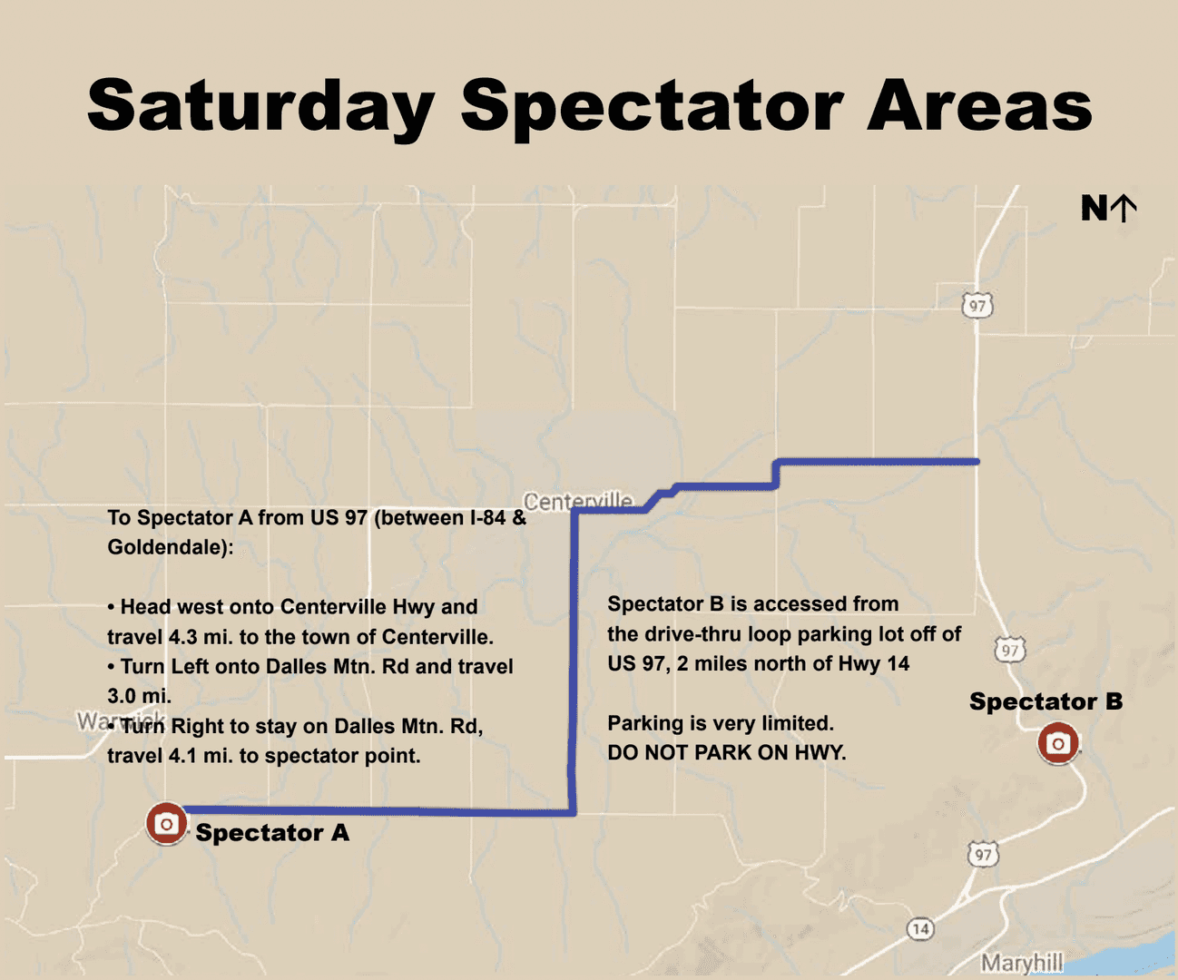 Map of Saturday spectator areas and directions for the Oregon Trail Rally