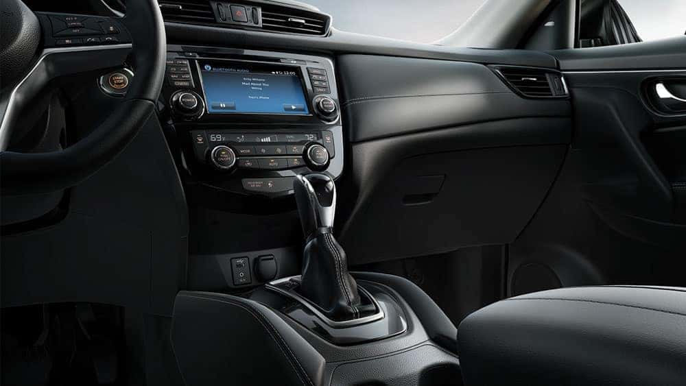2017 Nissan Rogue center console with touchscreen and gear shifter