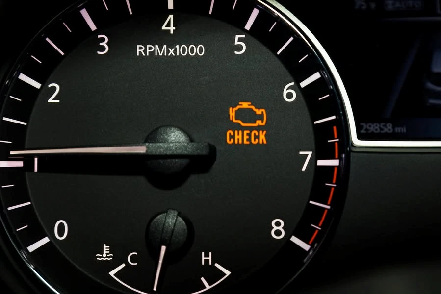 Vehicle dashboard gauge with an illuminated check-engine warning light, indicating a possible low oil pressure or oil level issue