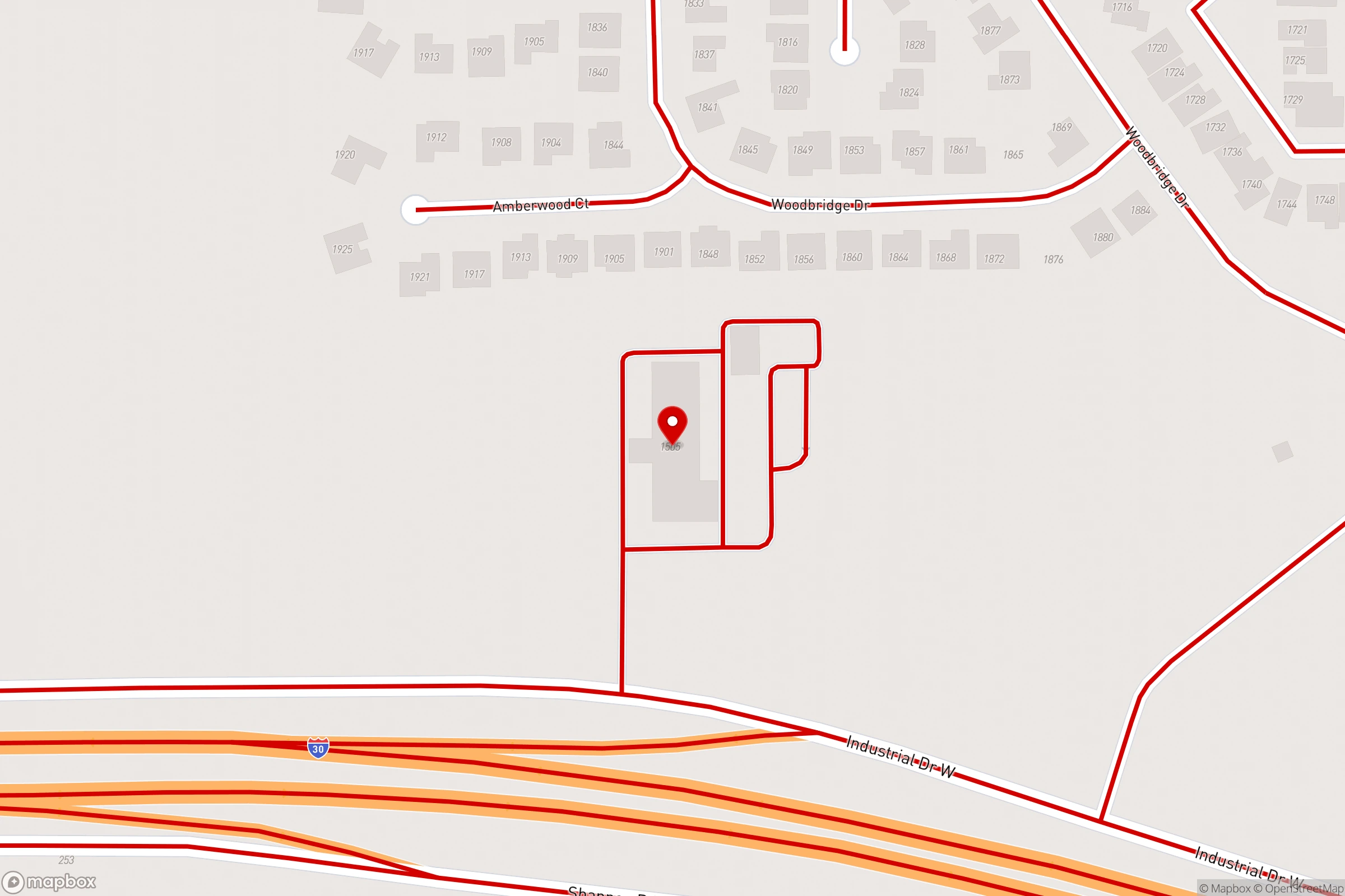 Map marking Sulphur Springs Chrysler Dodge Jeep Ram at 1505 Industrial Drive West, Sulphur Springs, Texas, beside Interstate 30
