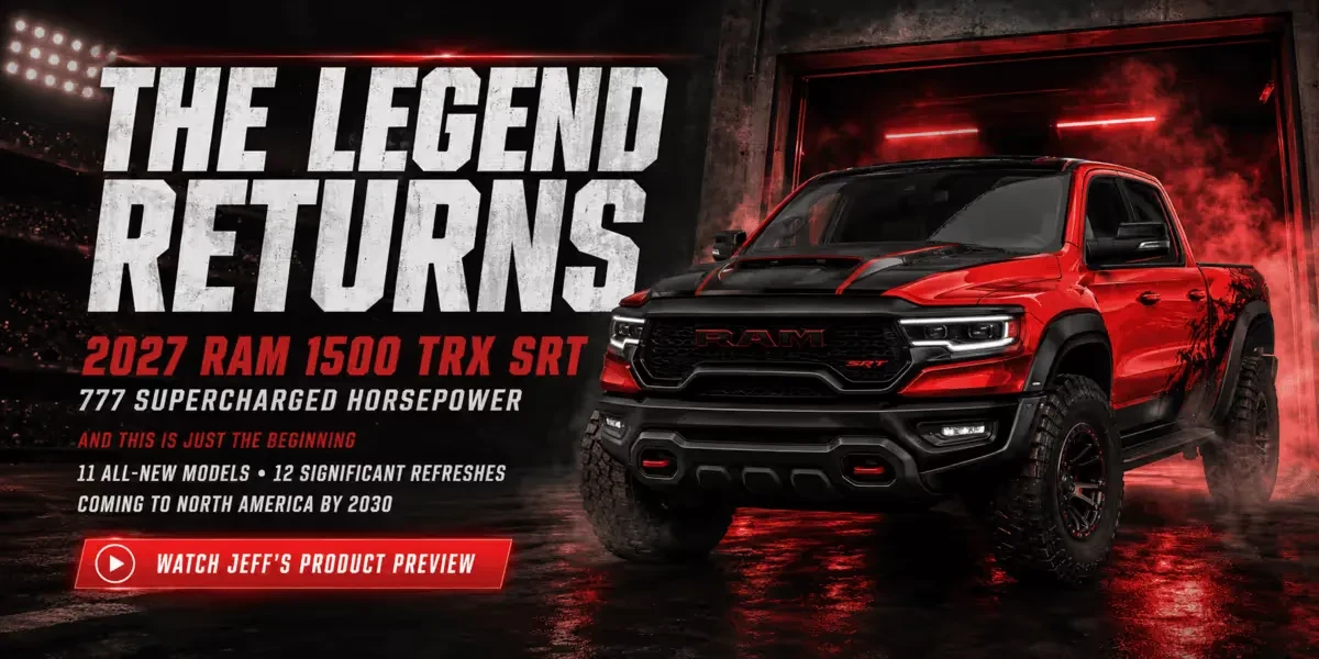 Promotional banner for the 2027 Ram 1500 TRX SRT, a red crew-cab performance truck lit by red light in a garage doorway, announcing 777 supercharged horsepower and previewing 11 all-new models and 12 significant refreshes coming to North America by 2030