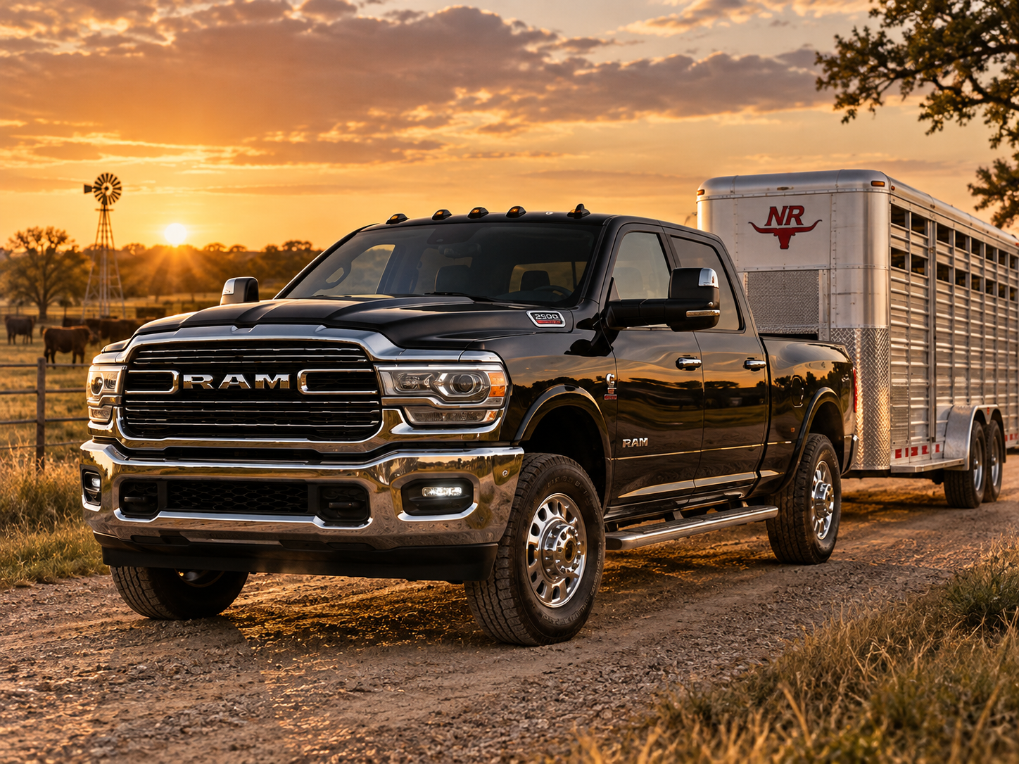 RAM 2500 heavy-duty truck towing a livestock trailer in North Texas