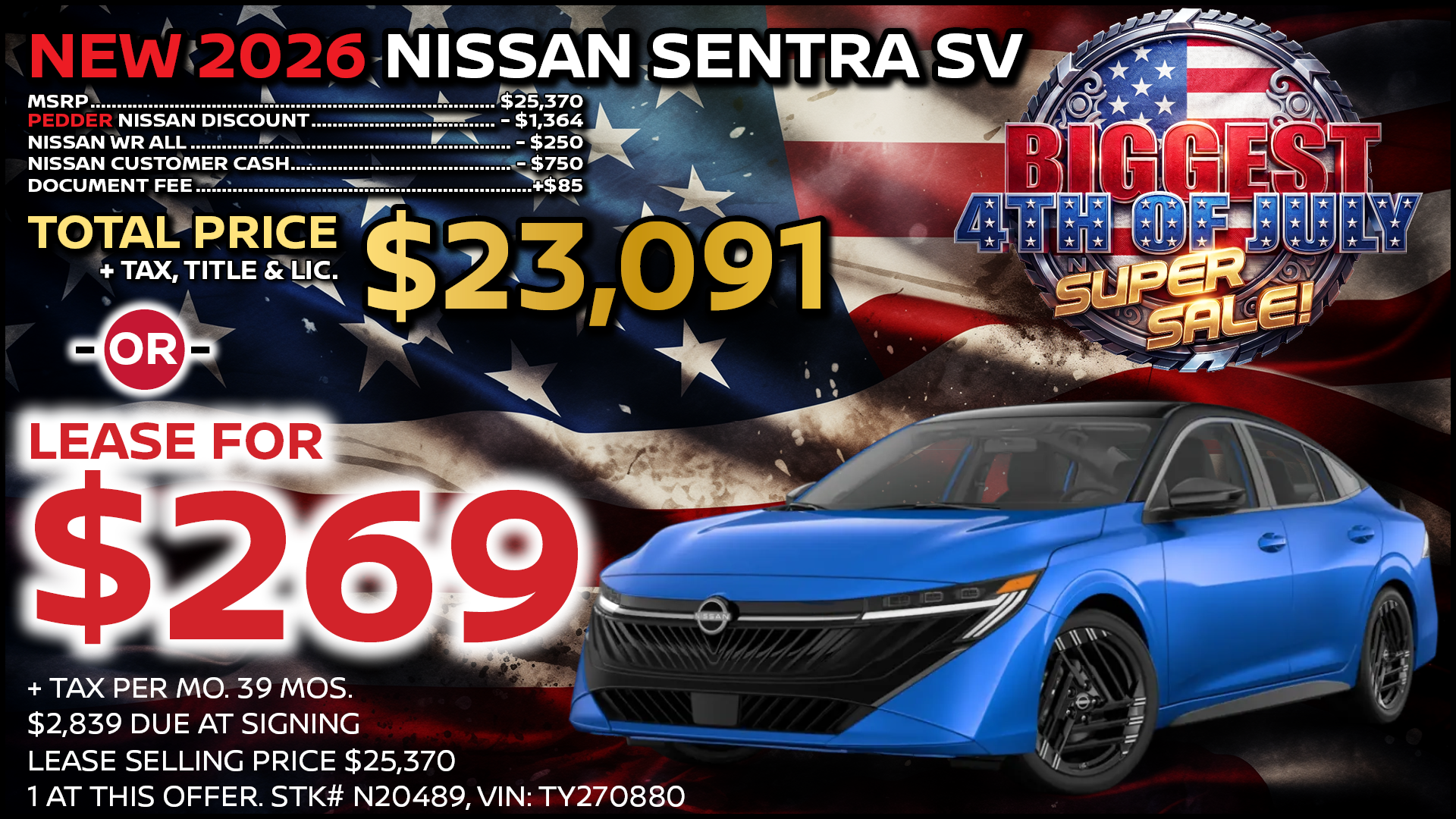 2026 Nissan Sentra SV Lease Special