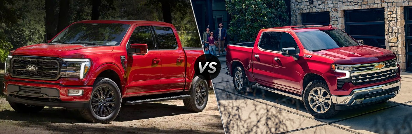 Red 2024 Ford F-150 on a Dirt Road vs Red 2024 Chevy Silverado 1500 in a Driveway