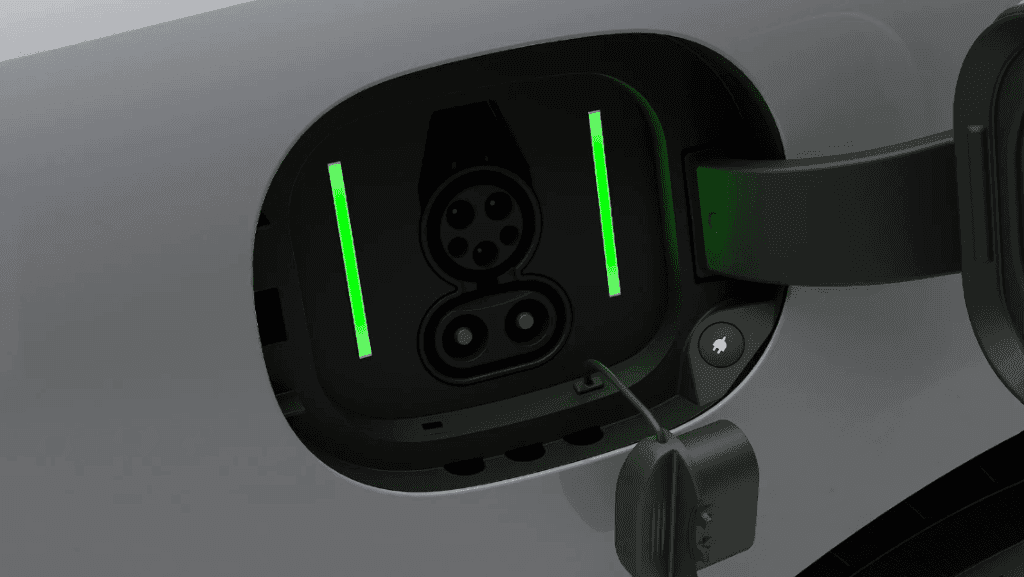 The charging port for an electric vehicle.