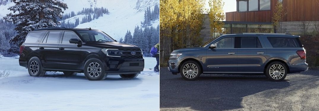 Black 2024 Ford Expedition XL STX in Snow vs Blue 2024 Ford Expedition Platinum MAX in a Driveway