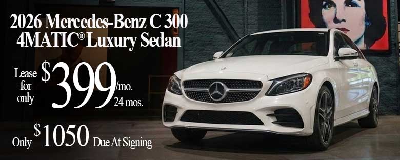 2026 Mercedes-Benz C300 parked inside Tom Masano, Inc., a Mercedes-Benz dealer in Reading, PA