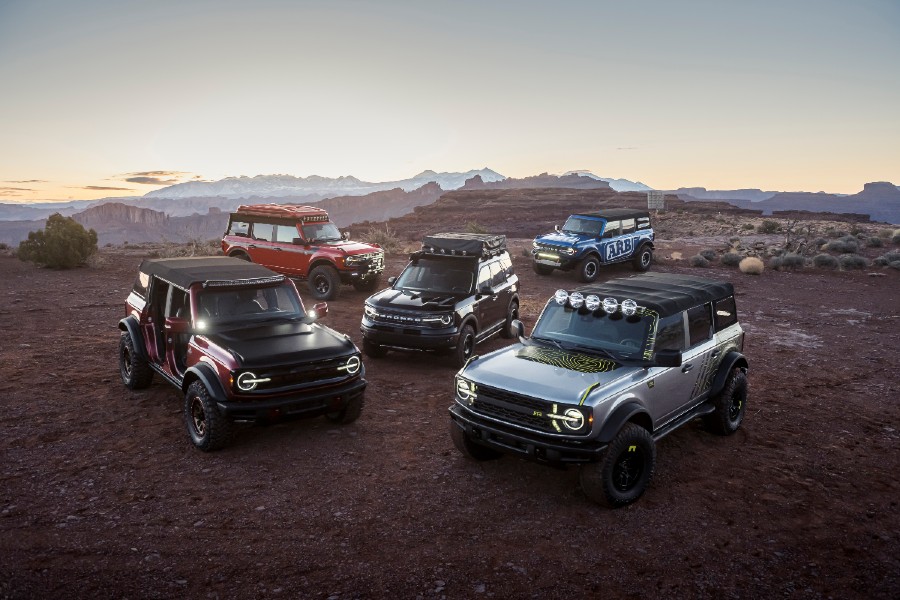 a group of 2021 Ford Bronco SUVs