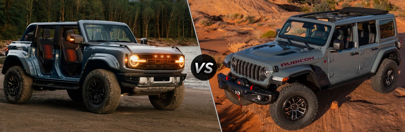 Blue 2025 Ford Bronco Raptor Next to Water vs Gray 2025 Jeep Wrangler on Desert Trail