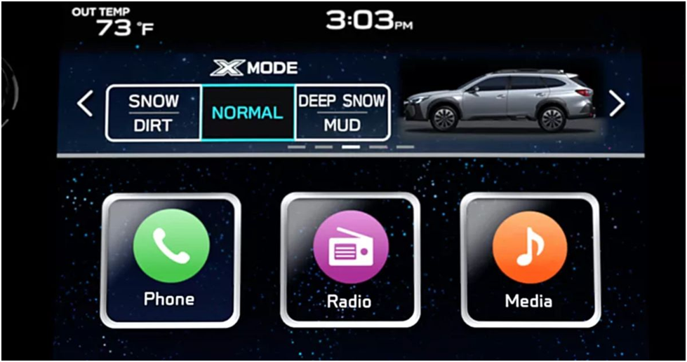 Subaru touchscreen showing dual-function X-MODE with Snow/Dirt and Deep Snow/Mud settings