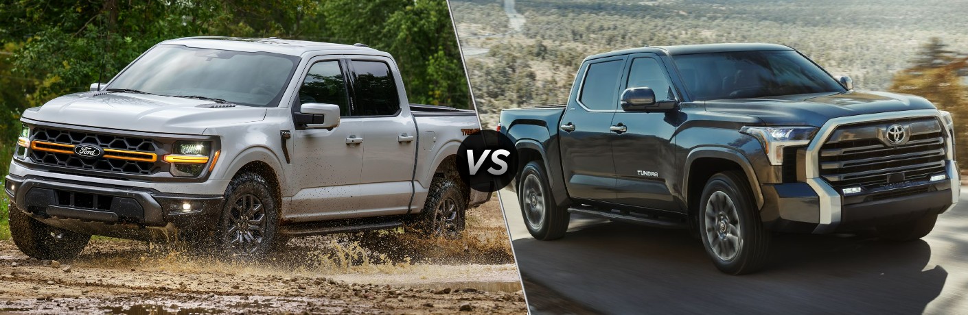 Silver 2024 Ford F-150 on a Dirt Trail vs Black 2024 Toyota Tundra on a Desert Highway