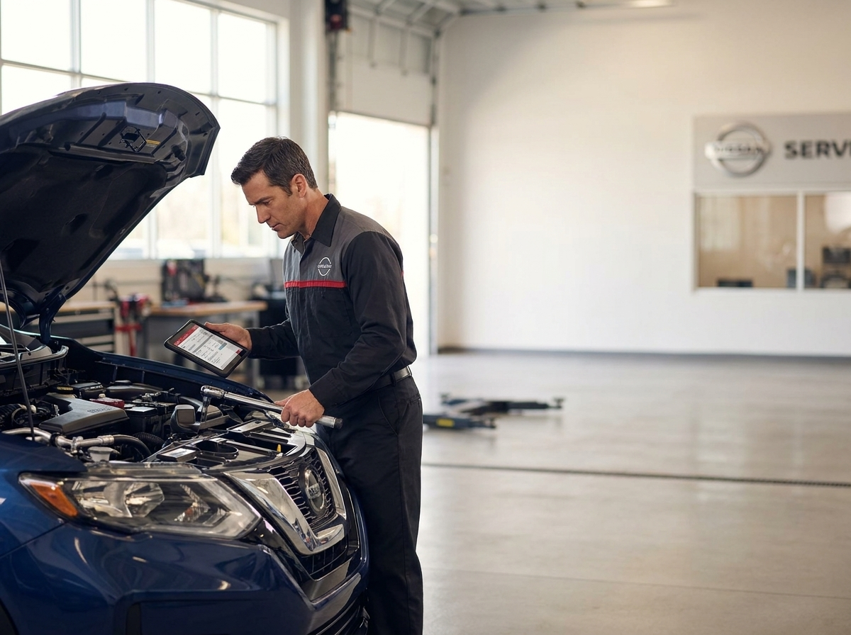 Technician using an OBD-II scanner on a Nissan vehicle