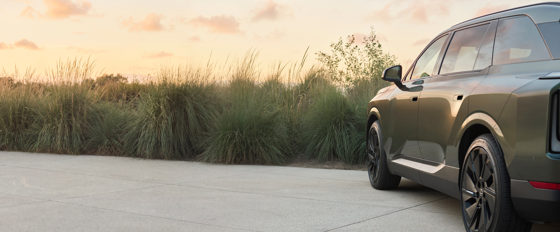 Close-up rear three-quarter view of the 2027 Lexus TZ in Shaded Ivy green beside tall grass at dusk, highlighting the taillight, wheel, and rear glass design.
