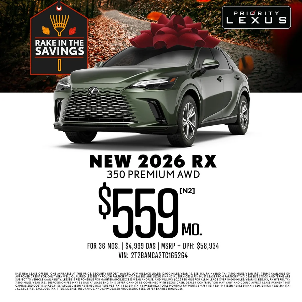 Priority Lexus Rake in the Savings banner: dark green 2026 Lexus RX 350 Premium AWD with red gift bow on autumn leaves path, $559/mo for 36 months lease offer.