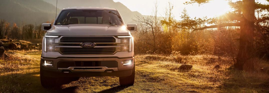 White 2024 Ford F-150 Front Grille at Sunset in the Woods